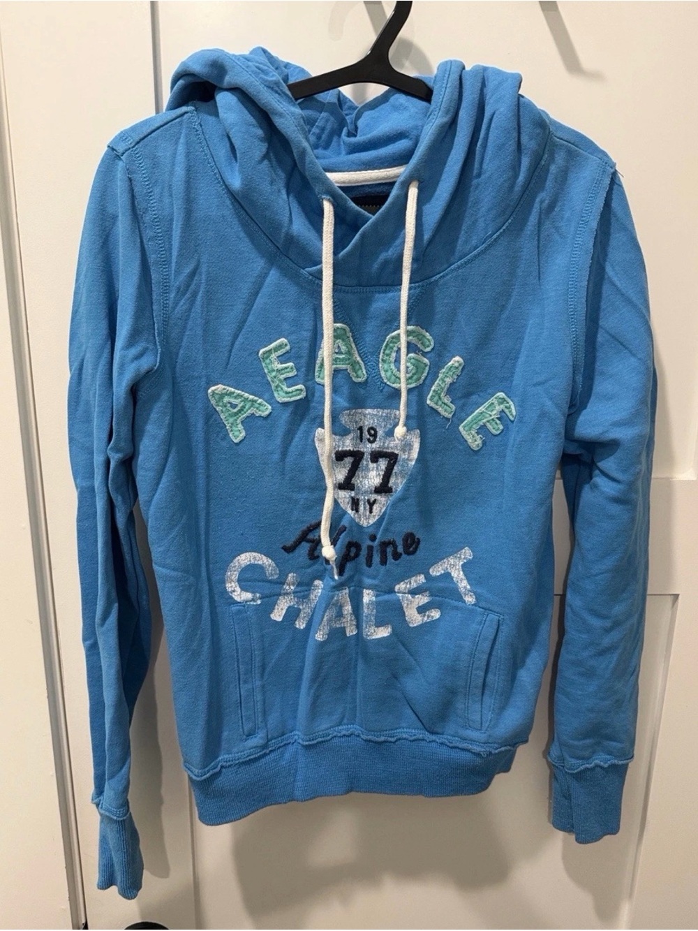 American Eagle Outfitters Sky Blue Hoodie M Bubble Letter Laidback Outdoors